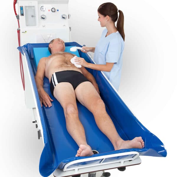 beka sina comfort shower trolley with patient and caregiver top view 3